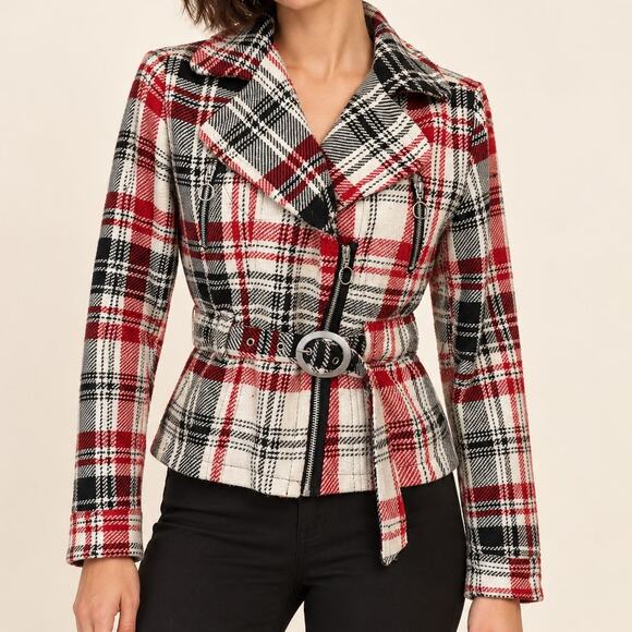 Cato Jackets & Blazers - Plaid Moto Jacket Red Black Cream Belted Wool Blend Cato Small Zip Front Lined